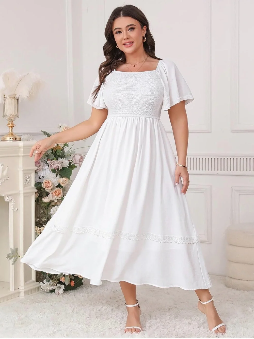 Women’s 1X White Smocked Square Neck Maxi Dress with Lace Trim - Picture 2 of 2